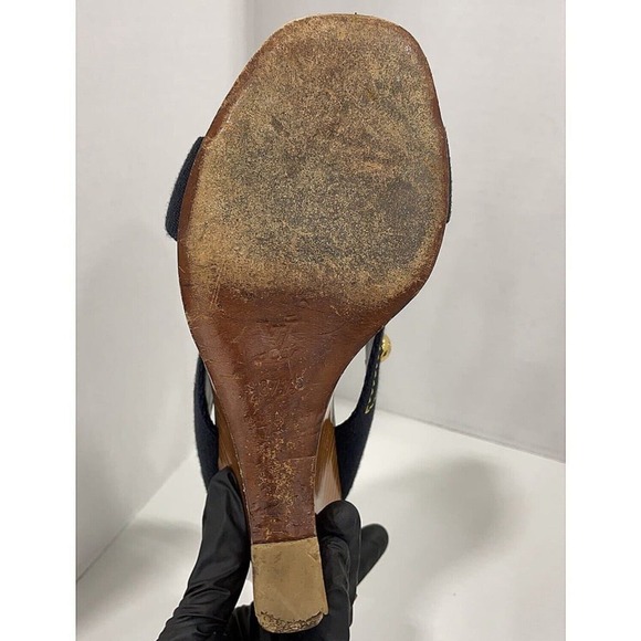 Authentic Louis Vuitton 05 Gold Stud Canvas Wedge Sole Sandals Sz 37.5 US 7.5 - Picture 10 of 10